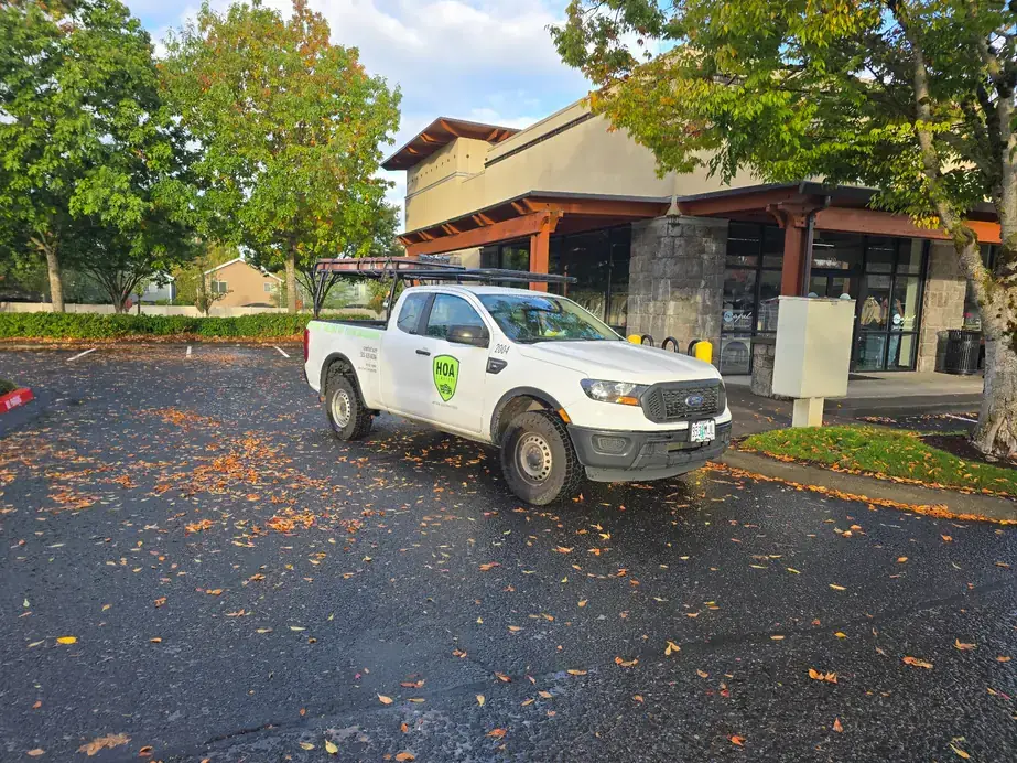 HOA Services pickup parked in a shopping-centre lot with autumn leaves on the asphalt
