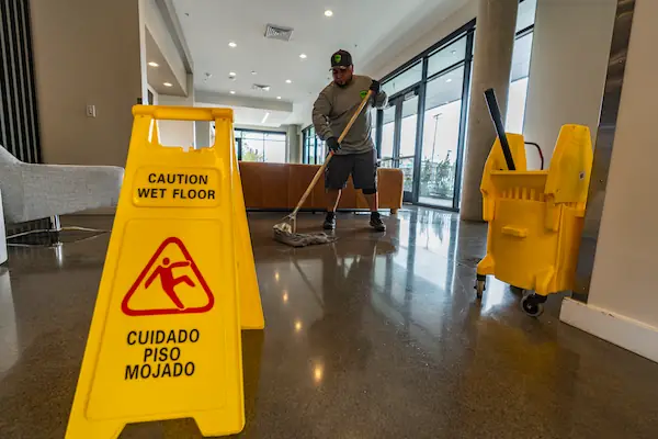 HOA Services porter mopping a polished lobby floor behind a bilingual wet-floor sign