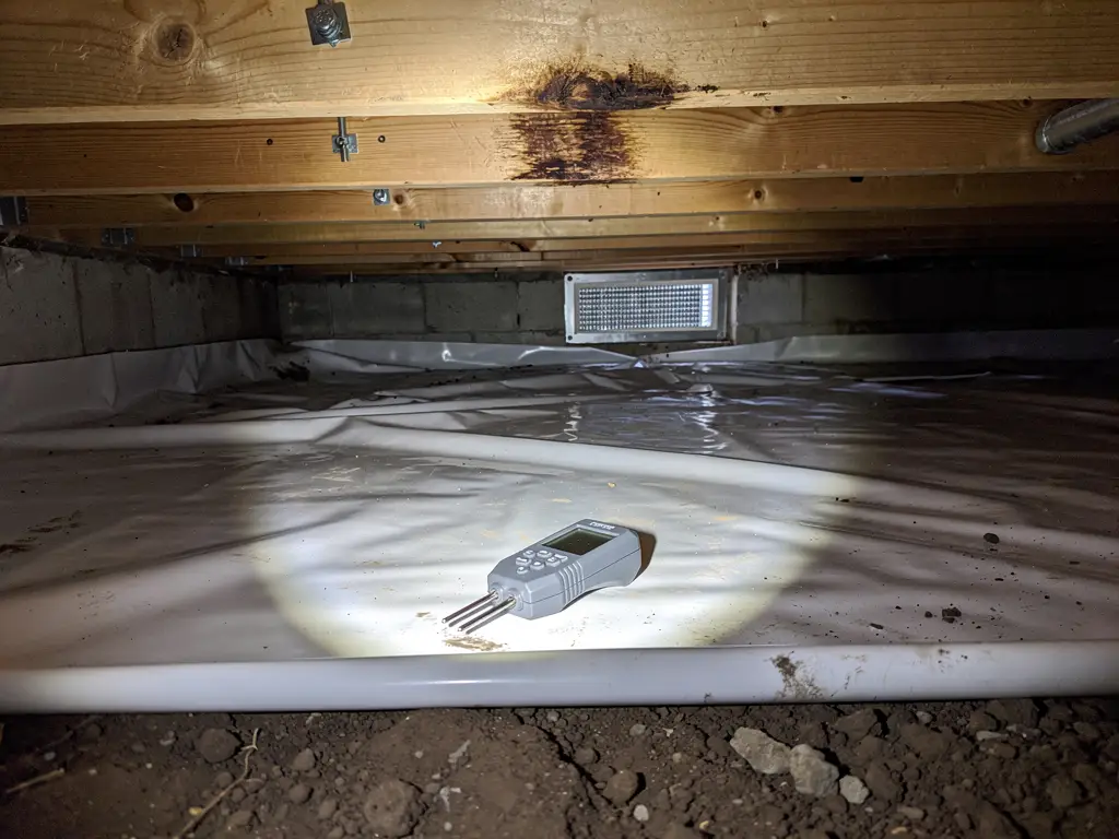 Crawl space with a white vapour barrier and a moisture meter under a work light