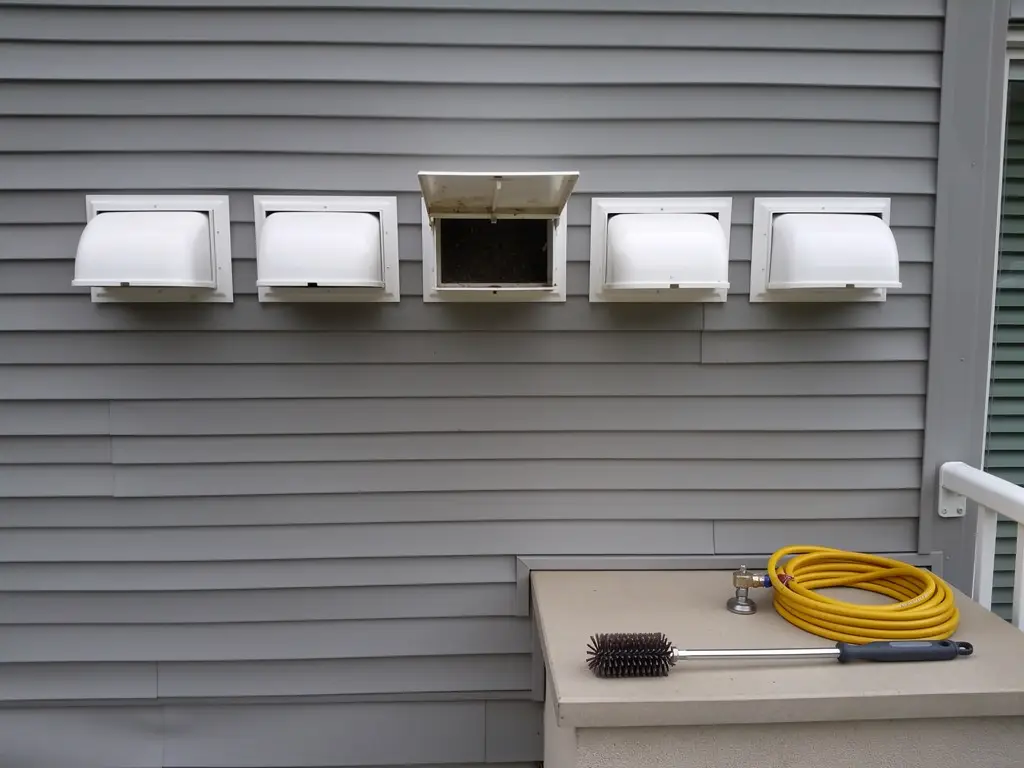 Row of white dryer vent hoods on grey lap siding, one flap open