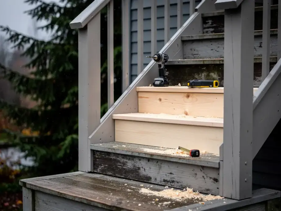 Exterior stair with three new cedar treads set among weathered grey ones, a drill and tape measure on the steps